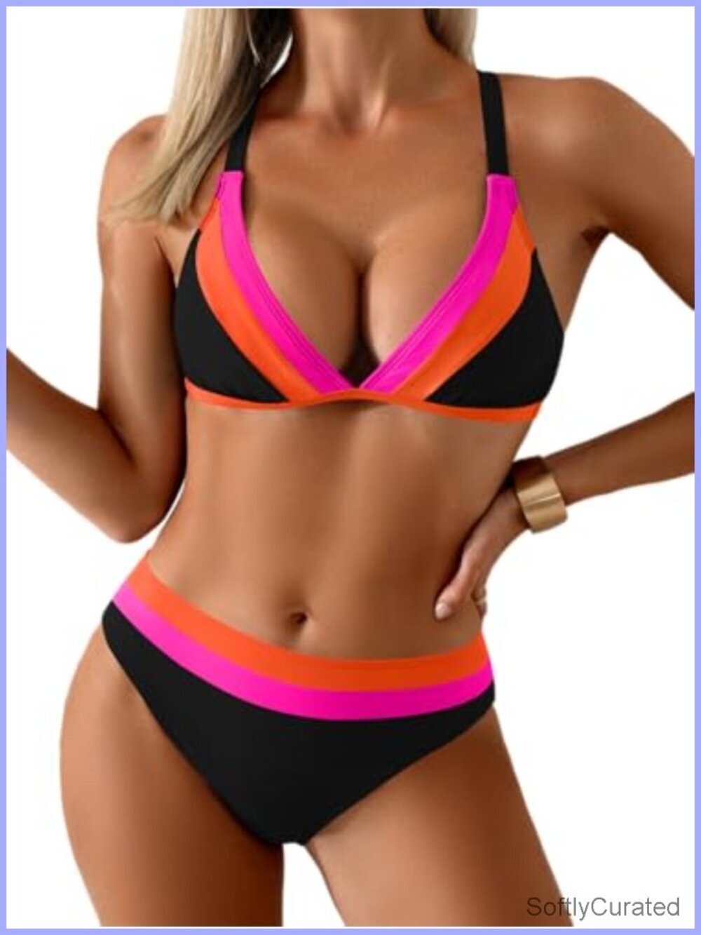 V-Neck Triangle Bikini Set Criss Cross Tie Back Two Piece Swimsuit